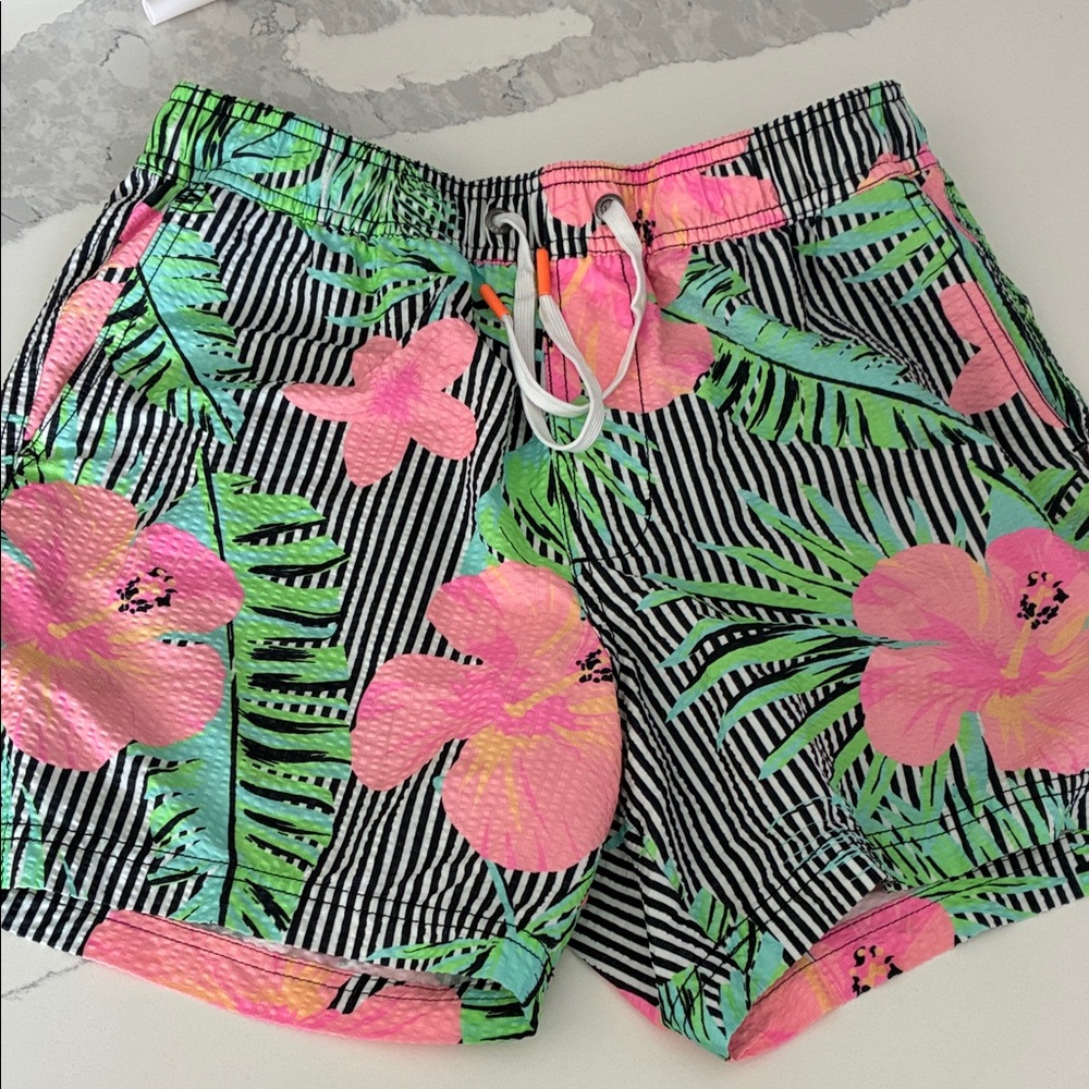 Men's Black Striped Swim Board Shorts with Pink Floral Print